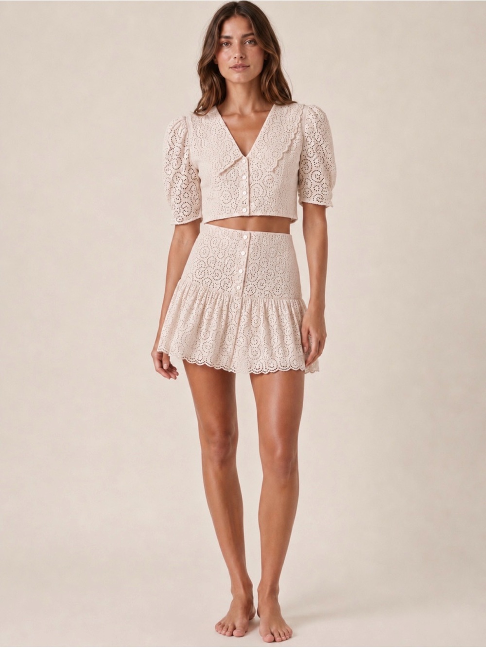 Sandro Cream Blush Eyelet Cropped Top & Mini Skirt Set Scalloped Small - Picture 3 of 15